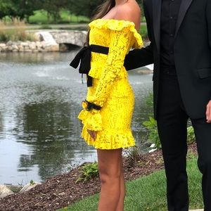 BROGNANO lace long sleeve floral yellow dress. Ruffle. Off the shoulder. Lined.